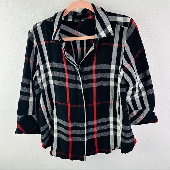 Boho Chic Black White Red Linen Blend 3/4 Sleeve Blouse Size S - Picture 1 of 3